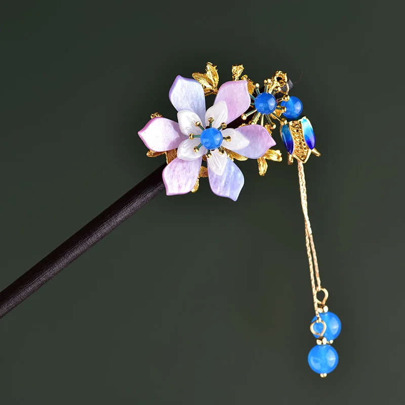 Elegant Exquisite Blue Coloured Glaze Flower Wooden Hair Stick Retro Graceful Chinese Ancient Palace Hair Jewelry Woman Bijoux