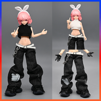 In Stock 1/12 Scale Female Soldiers Street Dance Hip-hop Wide Leg Jeans Sleeveless High Neck Vest Fit 6 inch Action Figure Body