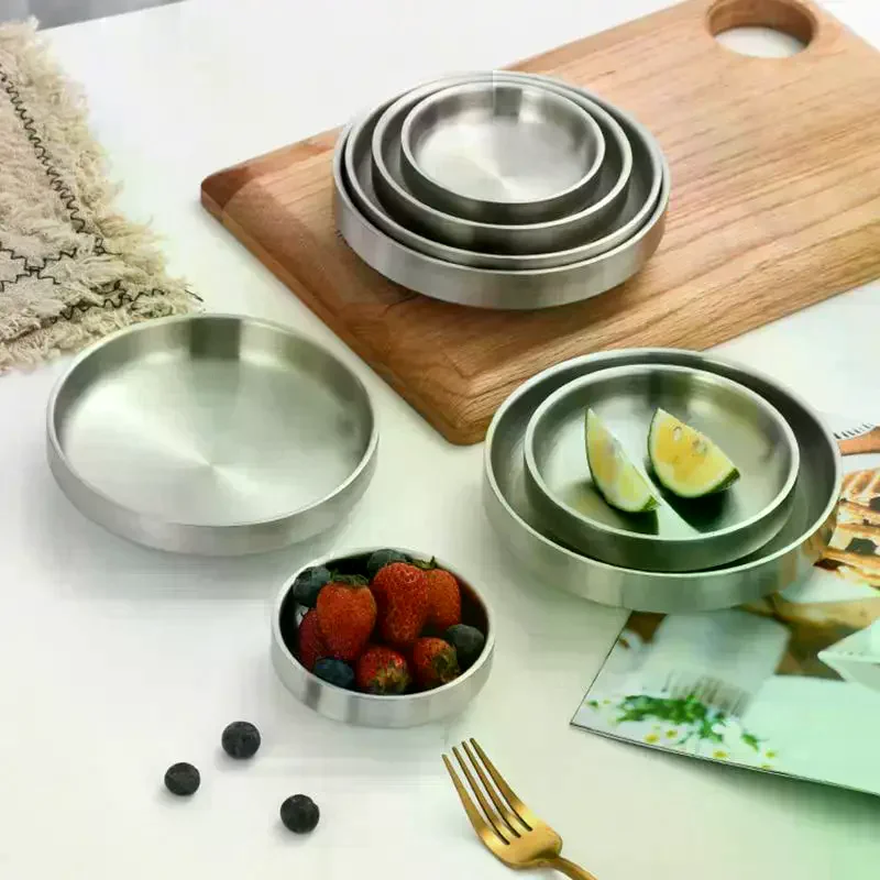Flat 201/304 Stainless Steel Dish Plate Cooking Noodles Bowl Thickened Dinner Plate Seasoning For Kitchen Restaurant Tableware