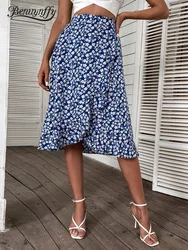 Benuynffy Ditsy Floral Print Ruffle Trim Midi Skirts Womens 2024 Summer Holiday Boho A-line Female High Elastic Waist Skirts