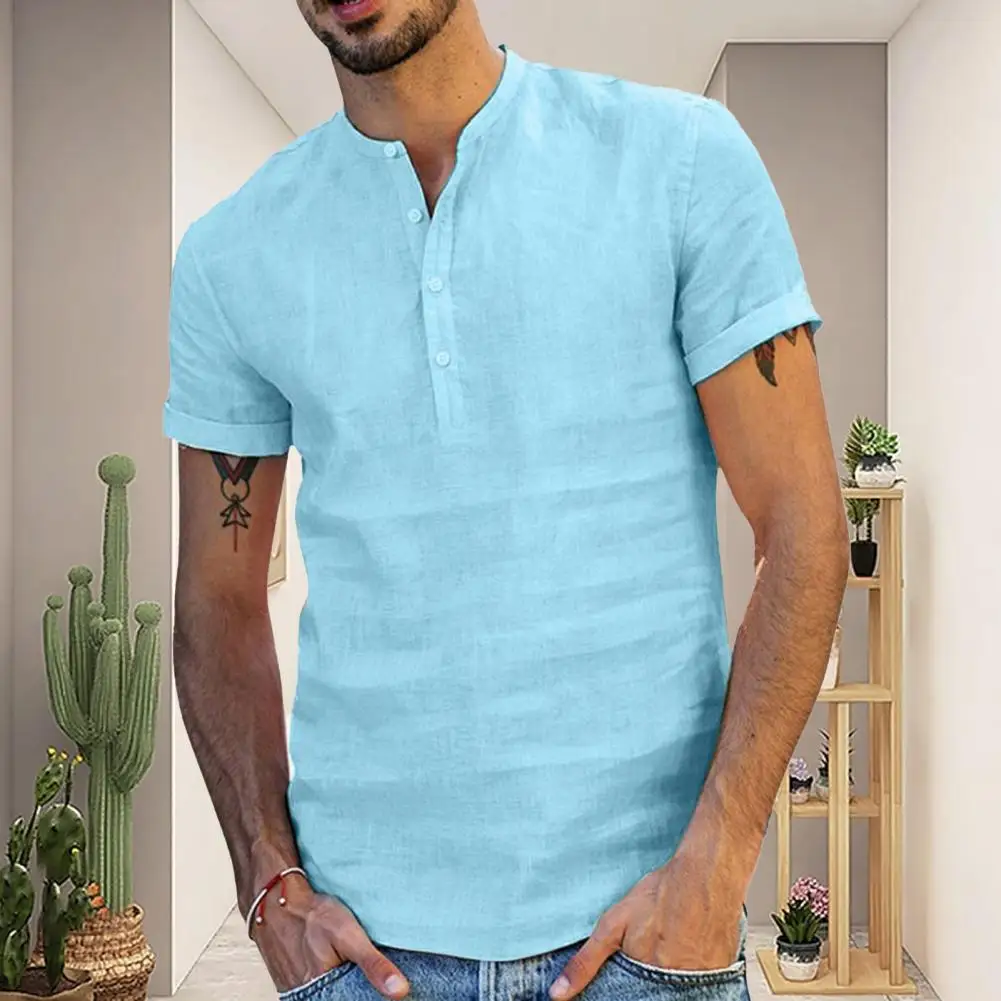 Men Summer Shirt Stand Collar Button Short Sleeves Thin Slim Fit V Neck Male Top Garment T-shirt Cotton And Linen Breathable