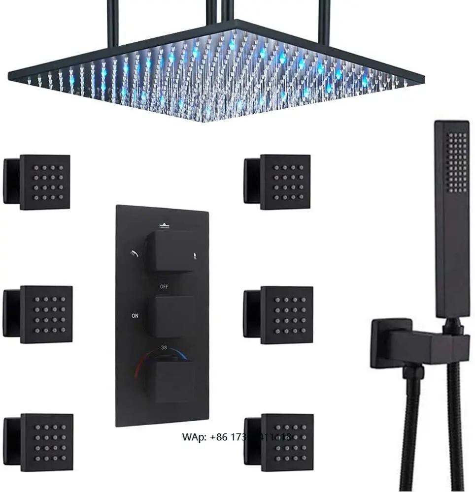 

20-Inch matte black square thermostatic LED color-changing shower head with body spray bathroom shower system with handheld show