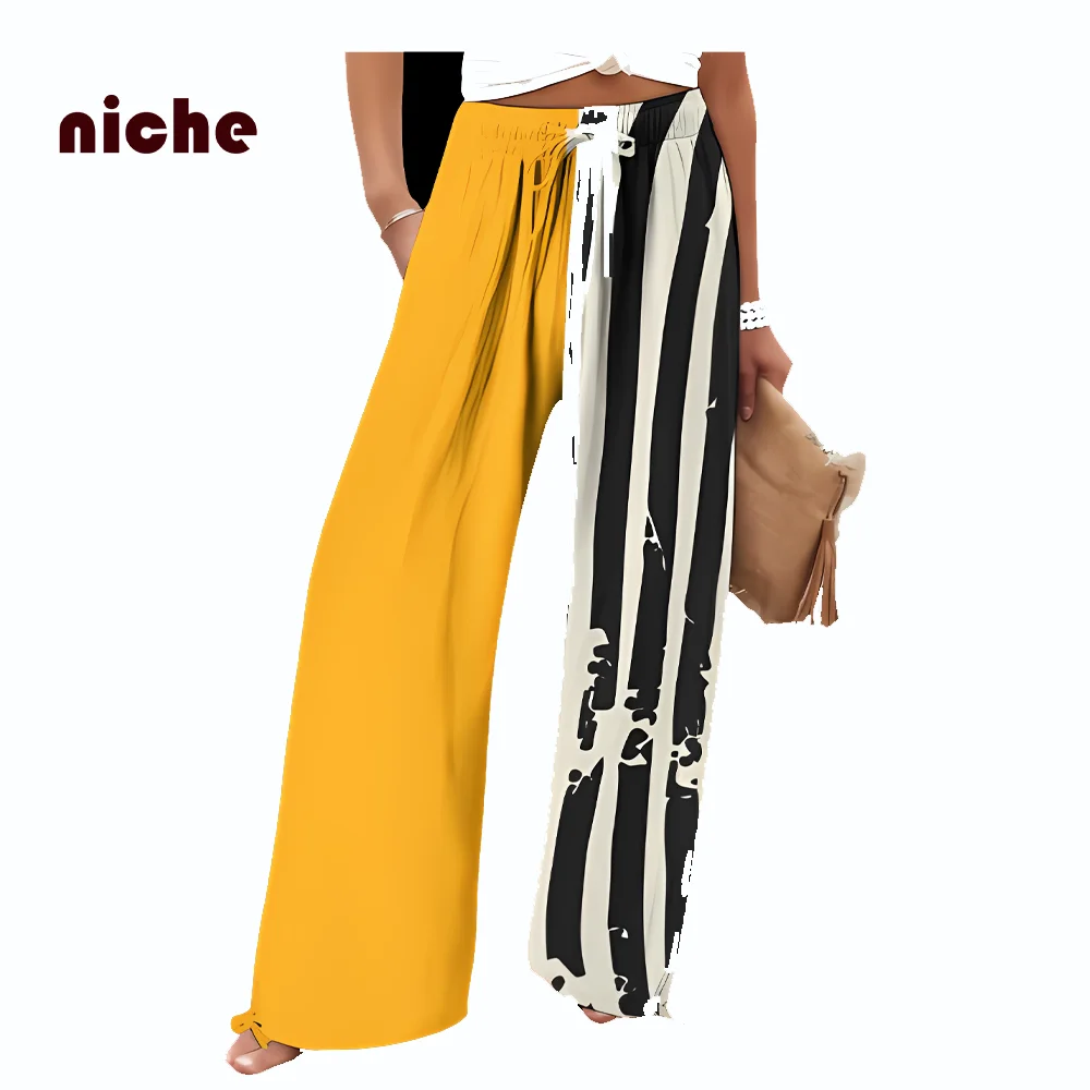 Ladies Beach Pants Pure Cotton Loose Wide-Leg Pants High Quality Asymmetric Striped Printing Designer Casual New