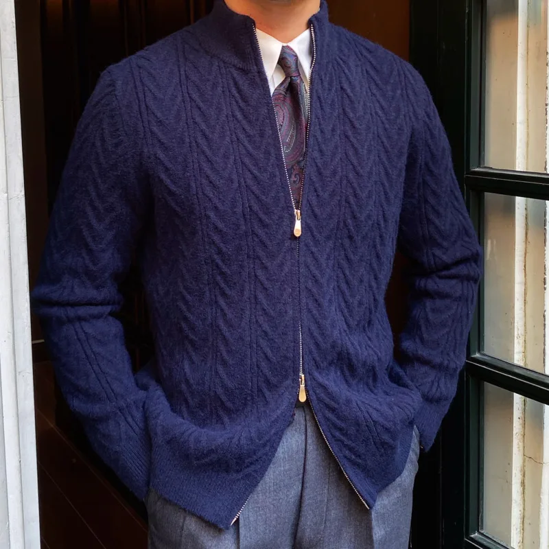 

Navy Zipper Cardigan Turtleneck Sweater Fall Winter Warm Keeping Men Jacquard Coat British Stand Collar Knitted Cardigan