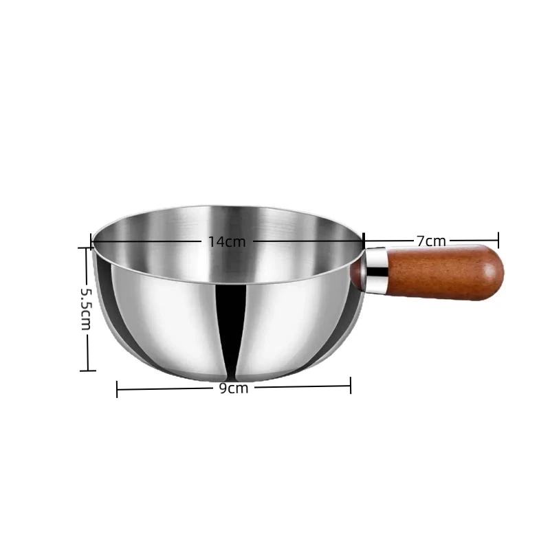14cm Single-person Pot Stainless Steel Bowl Walnut Wood Handle Fruit Salad Yogurt Bowl Restaurant Breakfast Cooking Tool