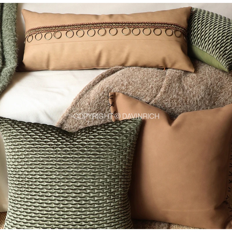 DAVINRICH Modern Green Chair Cushion Cover Luxury Small-Scale Geometric Patterns Woven Jacquard Decorative Pillow Case 48x48cm