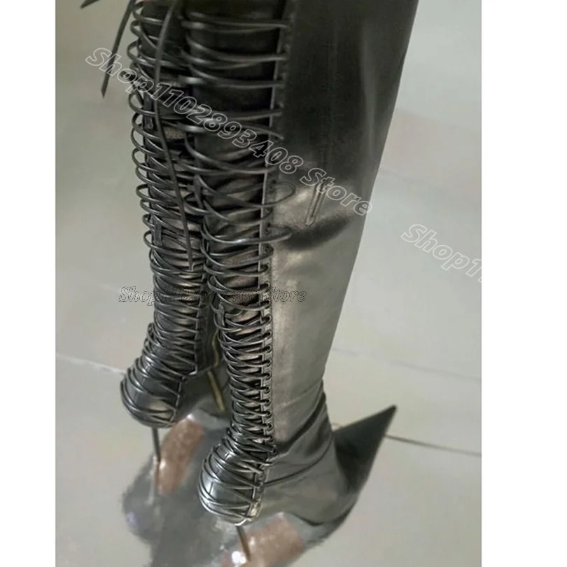 Black Cross Band Stiletto Boots Pointed Toe Matte Leather Stylish Solid Spring Women Sexy Party Boots 2025 Zapatos Para Mujere