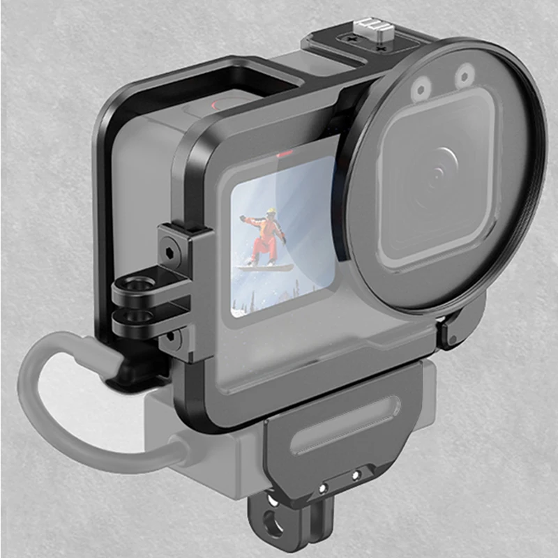 

Металлический защитный каркас для GoPro 12 11 10 9 с горизонтальной и вертикальной съемкой, двойным креплением Cold Shoe для дополнительного освещения и микрофона