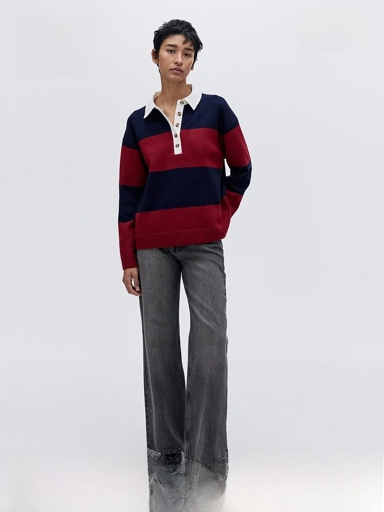 

H&M Women's Knitted irt Spring Striped Turn-down Collar Sweater Casual Loose Fit Long Sve Button Closure