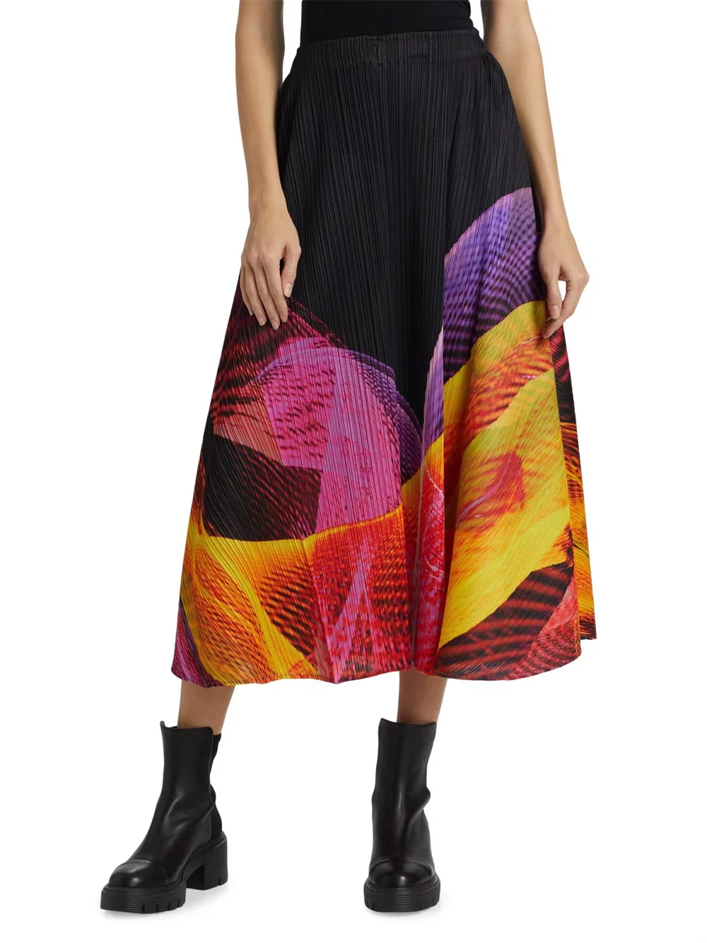 Miyake Pleated Spectrum Printed Elasticized Waistband Midi Skirt Women Designer Fashion Clothes