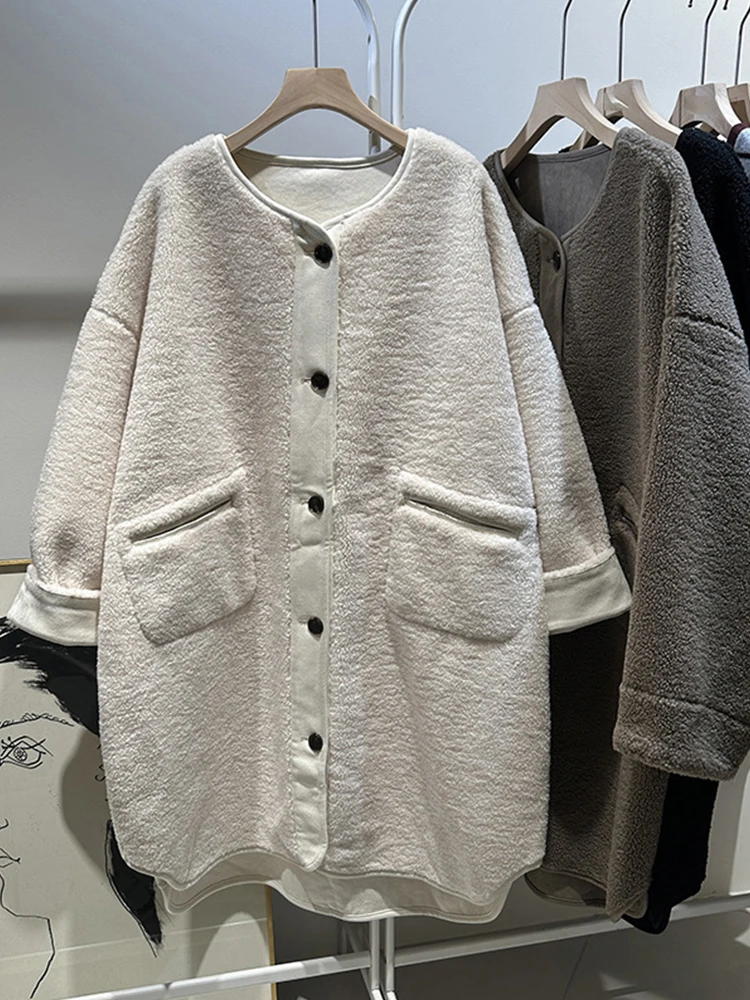 

Women's Vintage Lamb Fur Jaet Mid-Length Thiened Warm Coat Long Sve round Ne Button ket Cotton Clothes