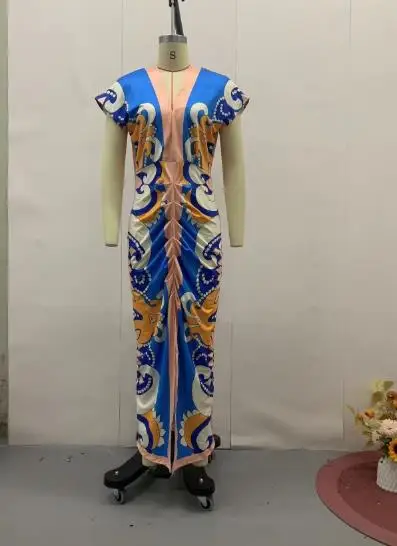 

Summer 2025 New Women's Clothes Waist Cinched Printed Slimming V-Neck Hip Wrap Dress Temperament Commuting Women Elegant Dresses