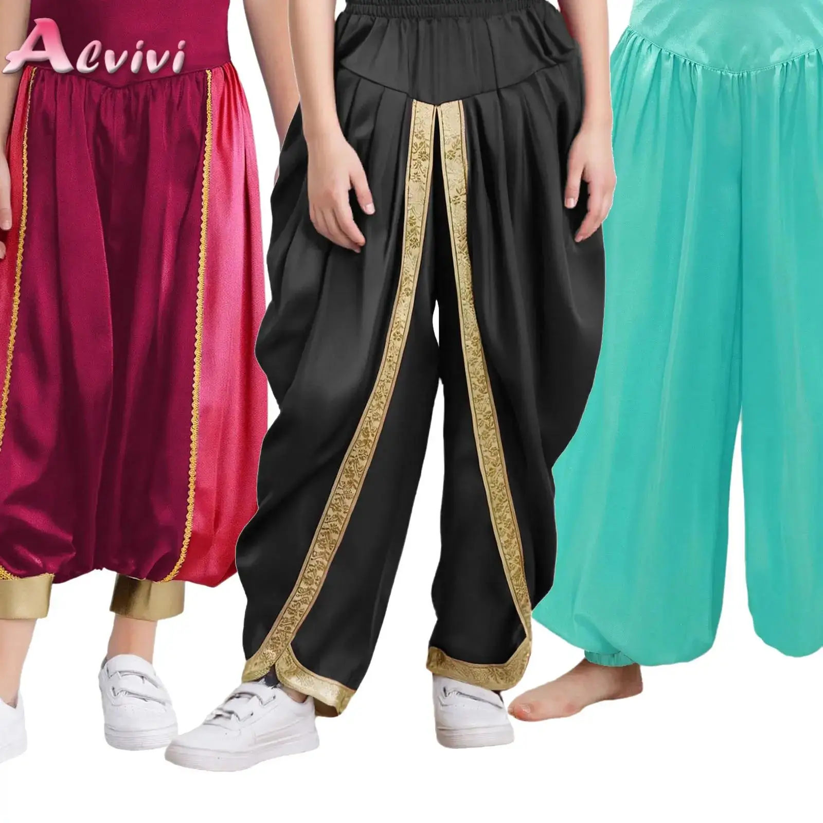 

Kids Boys Satin Dhoti Pants Elastic Waistband Draped Baggy Trousers for Arabian Prince Halloween Theme Party Fancy Dress Ball
