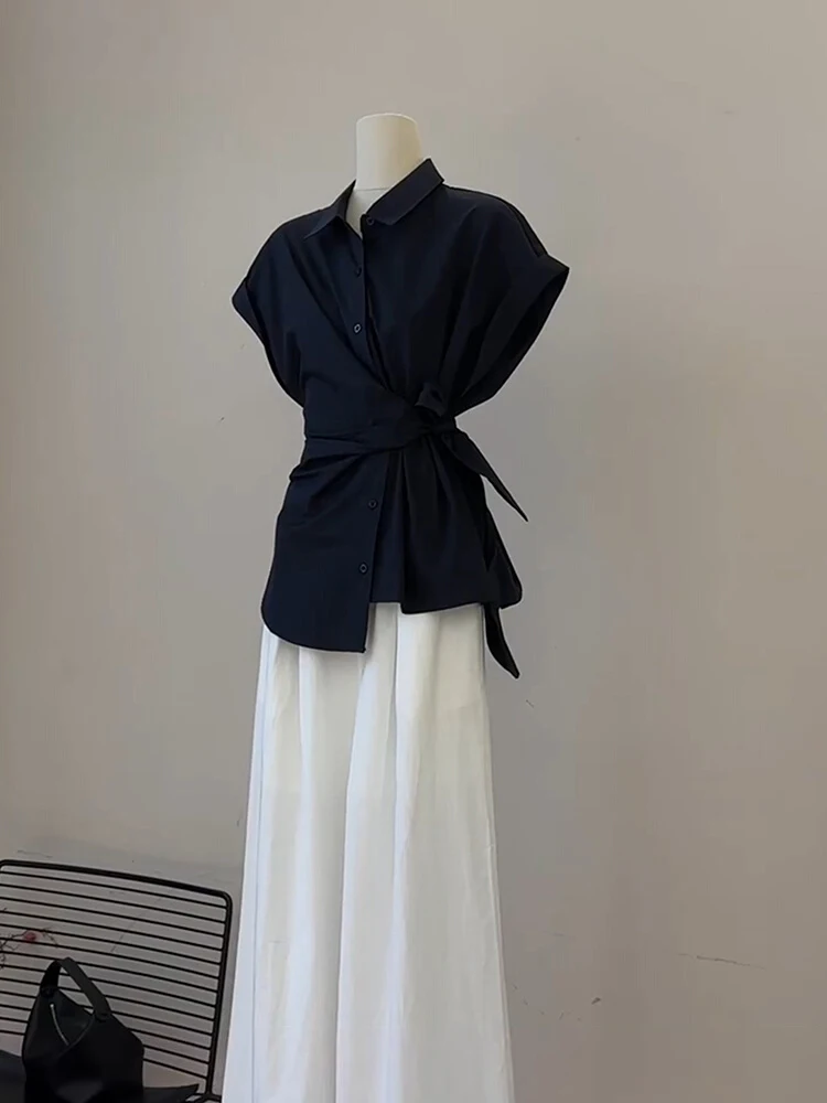 

Black Belted Short Sleeve Women's Professional Shirt Summer New Style Waist-Cinching Design Korean Version Commute Style Shirt