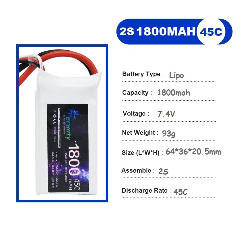 TERANTY 7.4V 2S 1800MAH 45C Lipo batteria per RC FPV aereo elicottero Drone serbatoio modello auto da corsa Hobby JST XT60