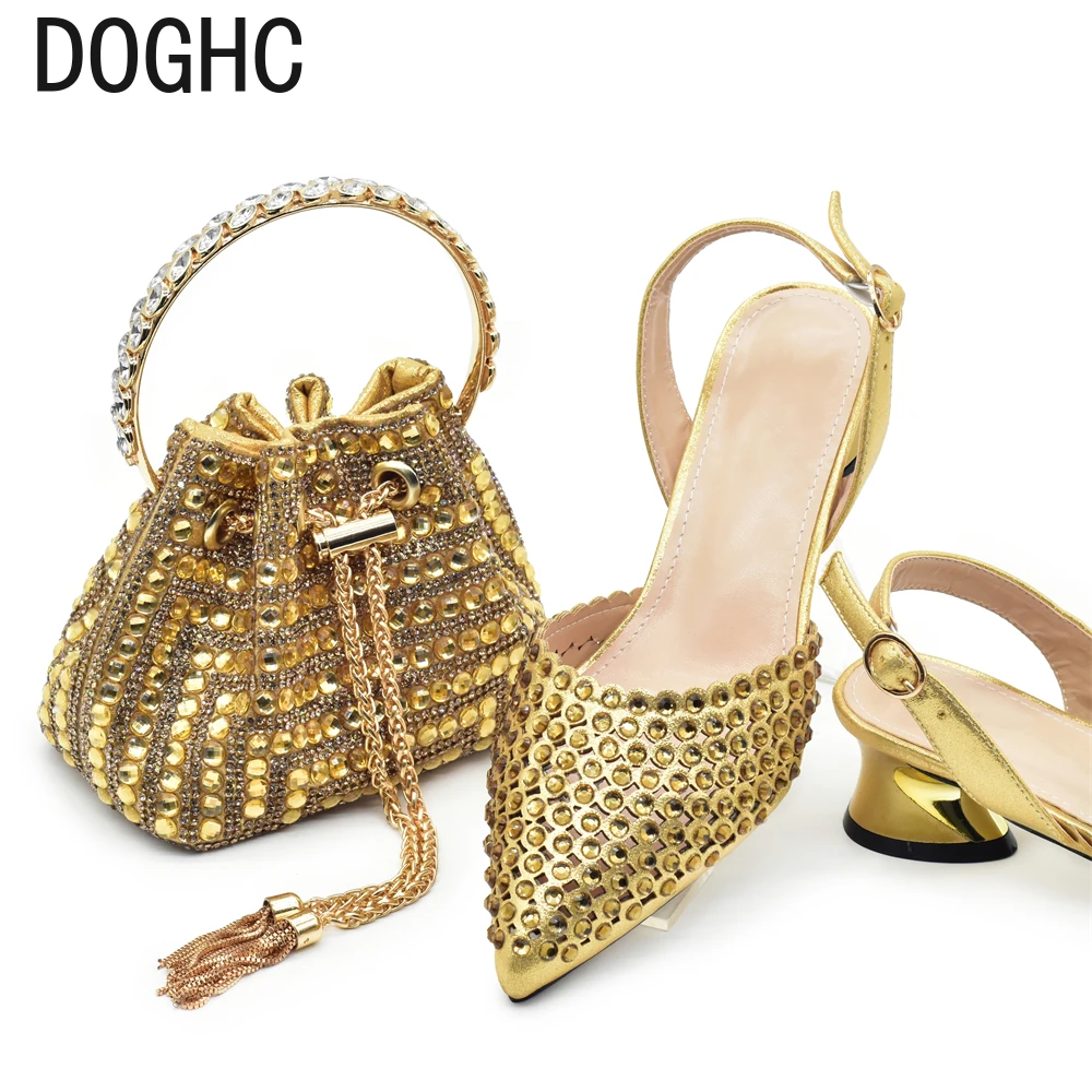 

New Fashion Gold Color Italian Shoe with Bag Noble and Elegant Classic Vintage Rhinestone Accessories Ladies Shoes and Bag Set