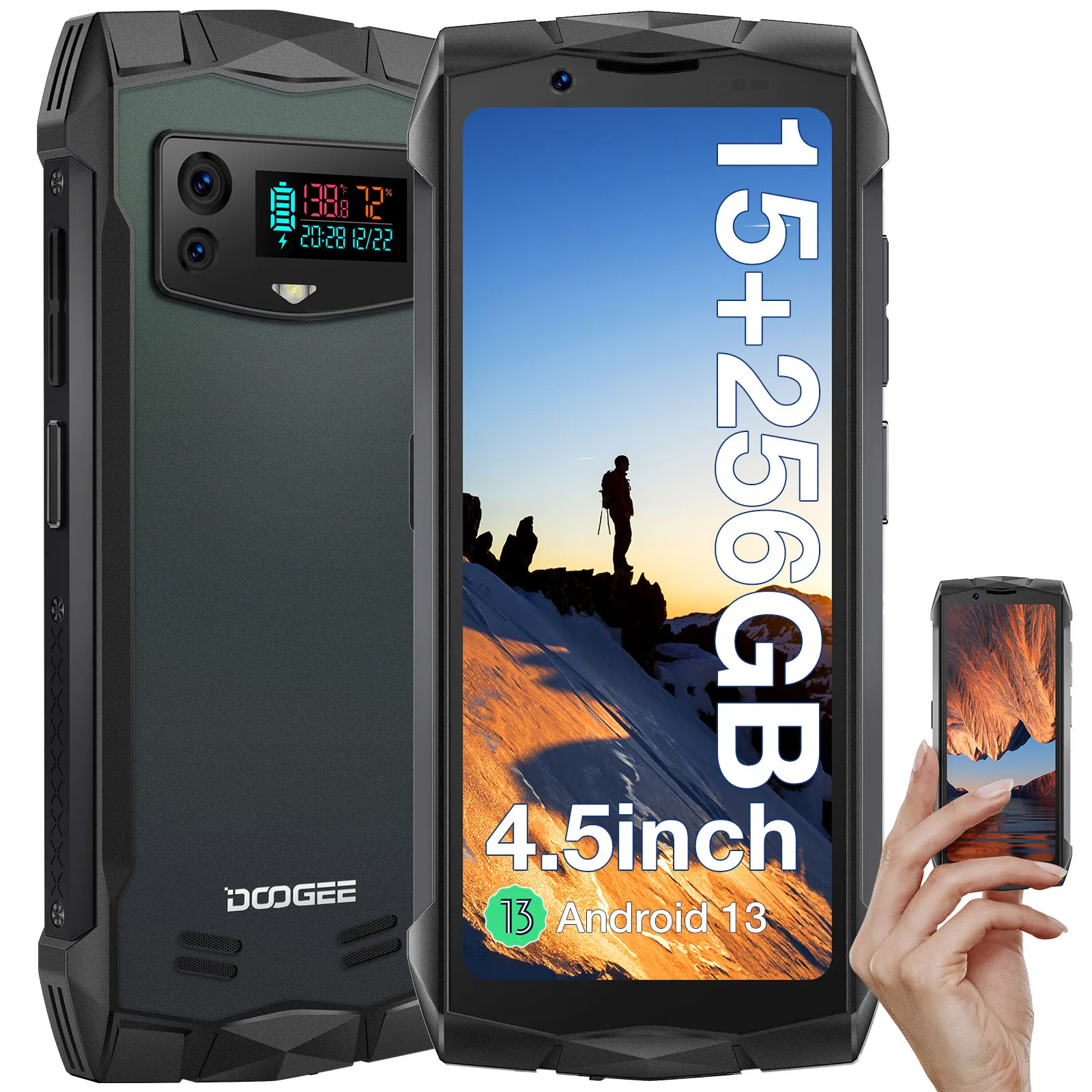 DOOGEE Smini Rugged Phone 4.5 ”qHD Display 8GB + 256GB Helio G99 Innovative Rear Display 3000mAh 48MP + 16MP Caméra NFC Dual SIM