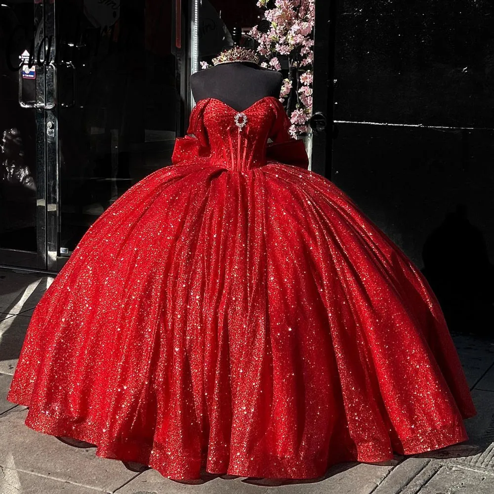 

Red Glitter Crystal Beading Ball Gown Quinceanera Dresses Off The Shoulder Bow Corset Sweet 16 Vestidos De XV Años