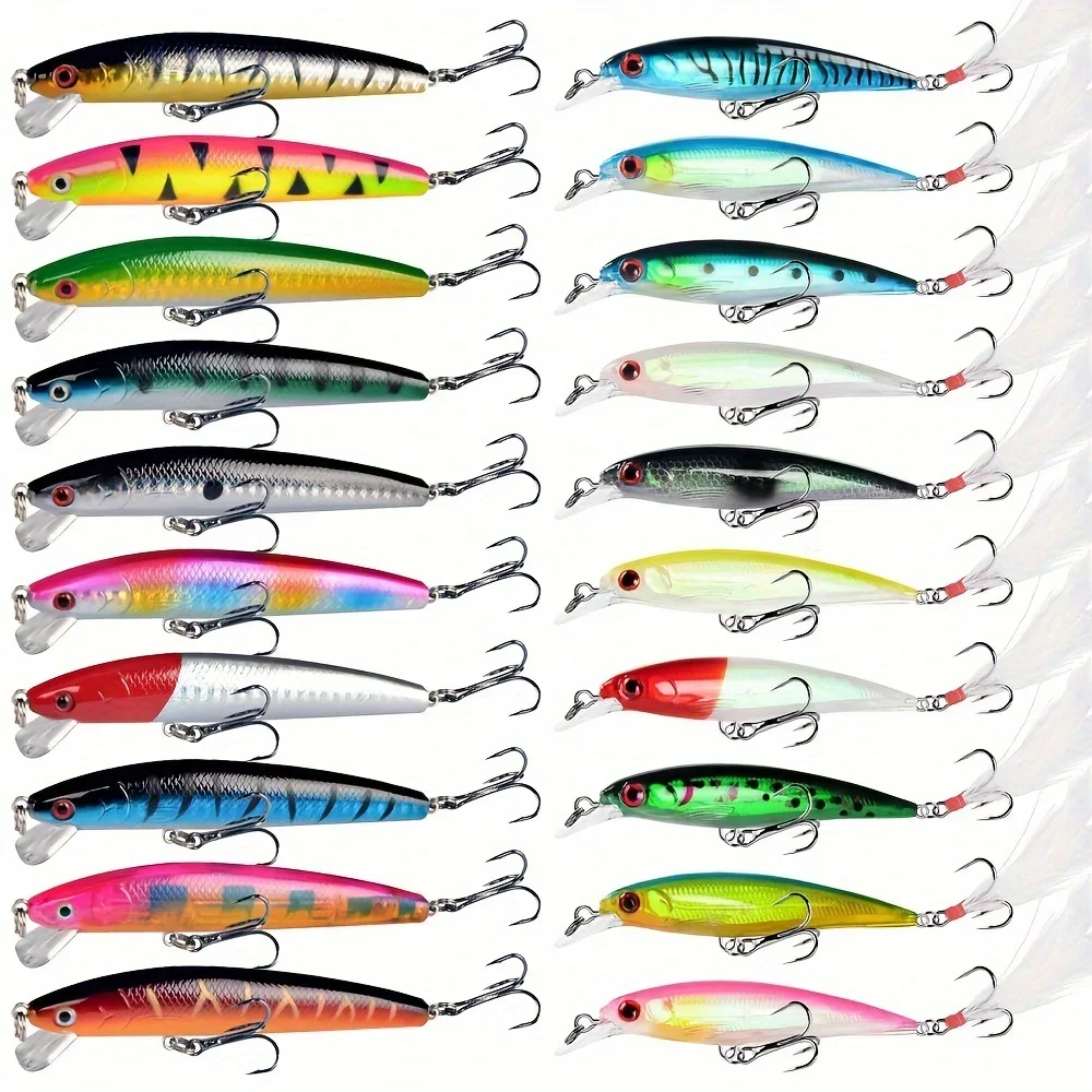 20Pcs Laser Minnow Artificial Hard Wobbler Fishing Lures Set with Feather Hook Catch More Fish with Bait