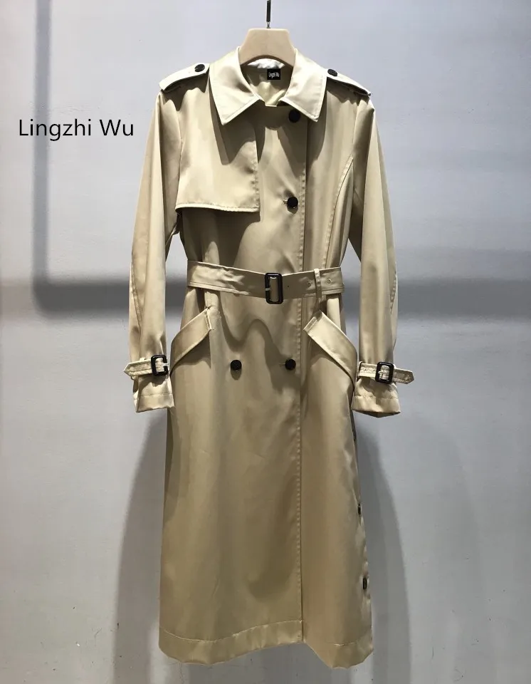 

Lingzhi Wu Top Quality Embroidery Trench Slit Buttons Long Outerwear OL Waterproof Autumn Female New Arrival