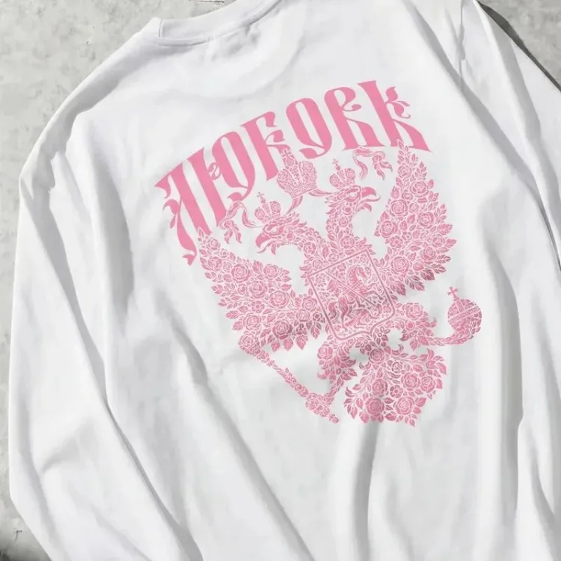 Retro Russian Fashion Badge Printing Long Sleeve T-shirts White Pure Cotton Soft Pullover Loose Casual Sweet Women Streetwear