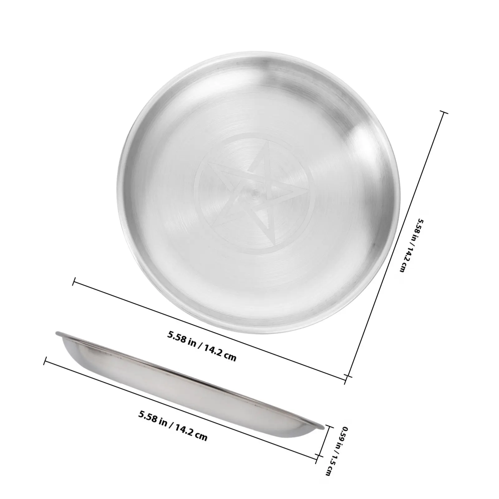 2Pcs Pentagram Silver Ritual Offering Plates Iron Flat Bowls Round Metal Jewelry Trays Prayer Astrology Tarot Trinket Holders