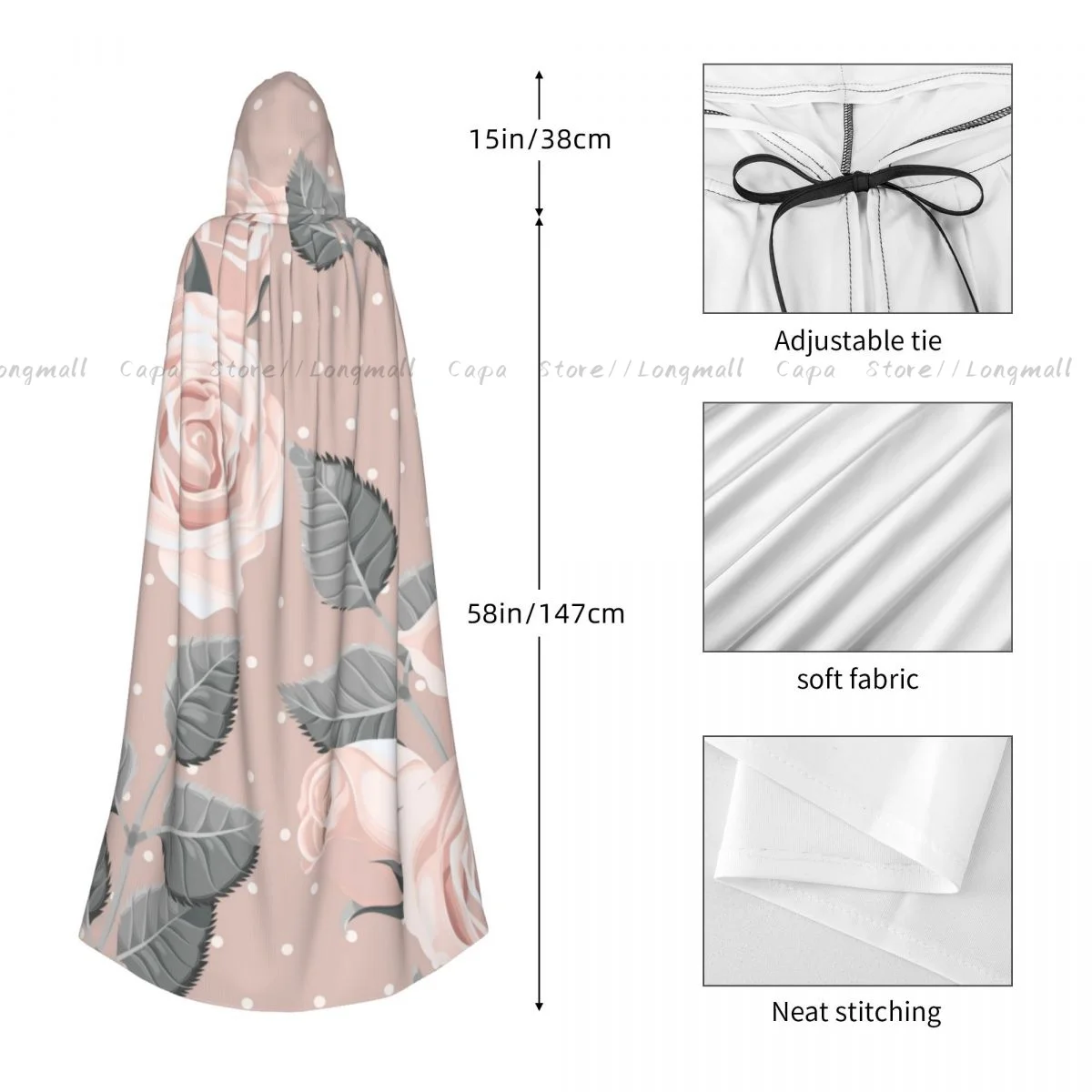 Adult Vampire Cape Hooded Robe Vintage Roses And Leaves Halloween Cloak Full Length Cosplay