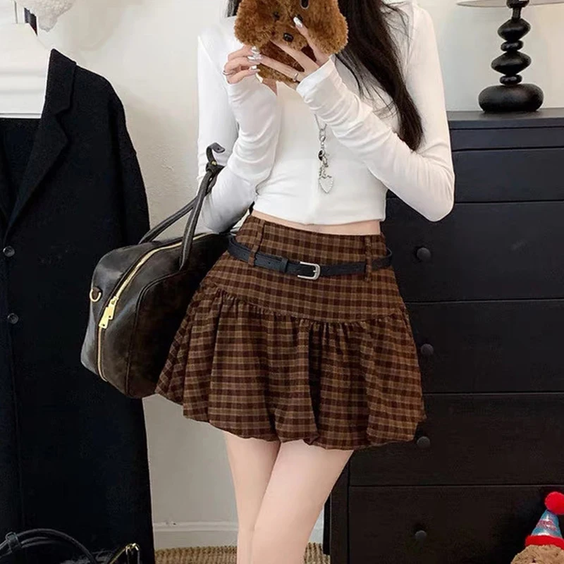 Vintage Plaid Bubble Skirt Women Sweet High Waist A Line Belt Mini Skirt Spring Autumn Retro Preppy Style Y2K Loose Skirt New