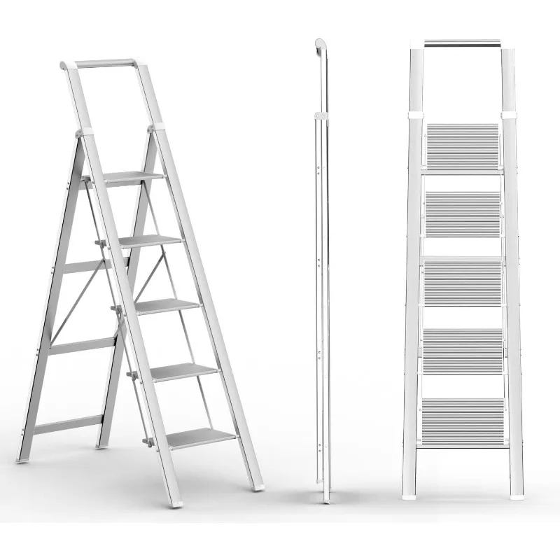 6 Step Ladder, Folding Step Stool with Handgrip and Anti-Slip Wide Pedal, Portable Lightweight Aluminum Stepladder