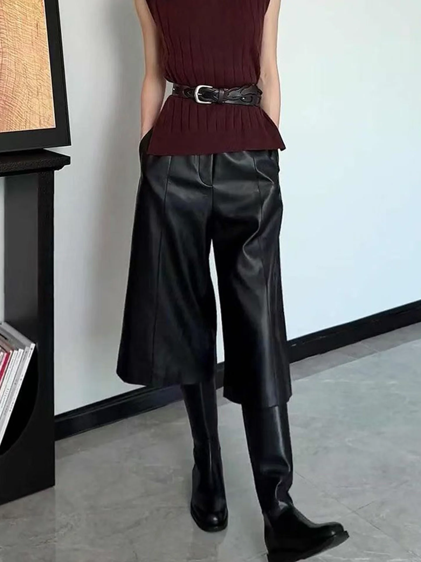 

Ele High Waist Loose Wide Leg Pants Women's Bla Six Seven Length Casual Straight Cut Trousers Slimming Trendy