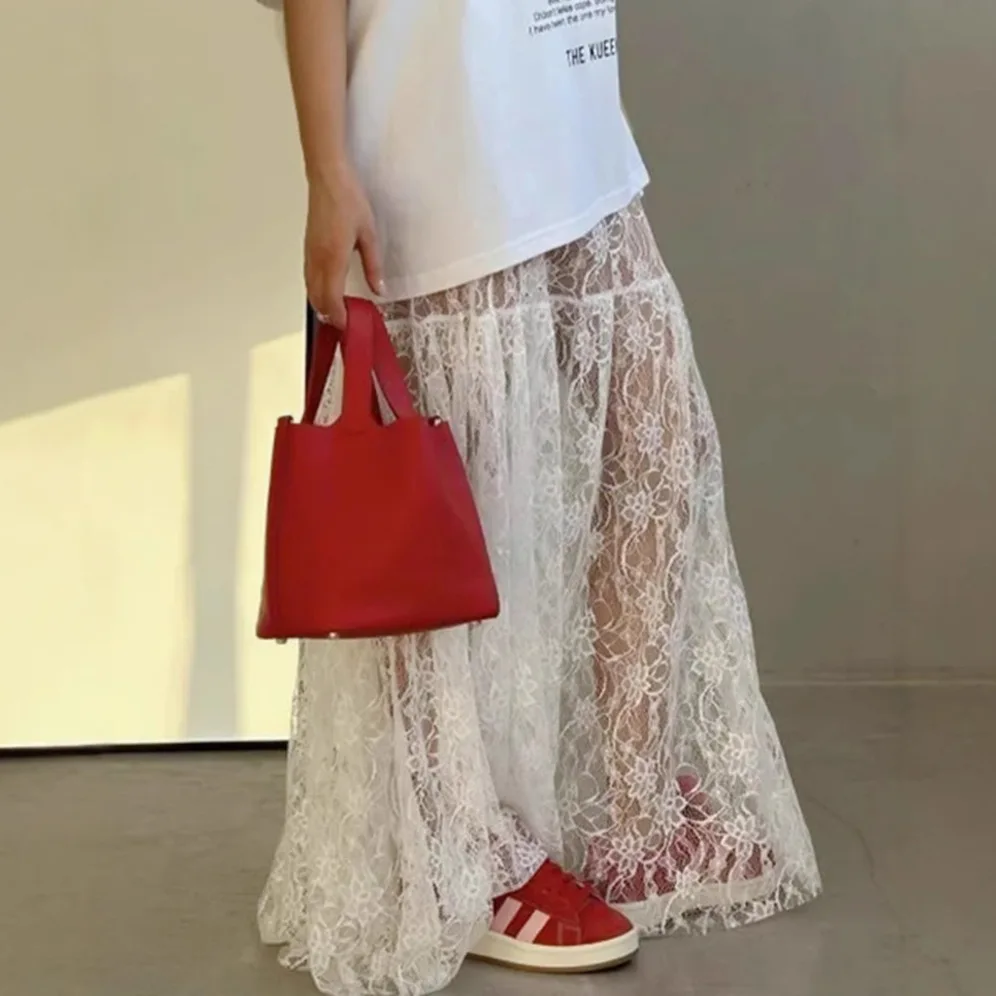 Lace Jacquard Autumn Women's Skirt White Hollow Out High Waist Lady's A-Line Skirt Instagram-Style Minimalist Skirt For Female