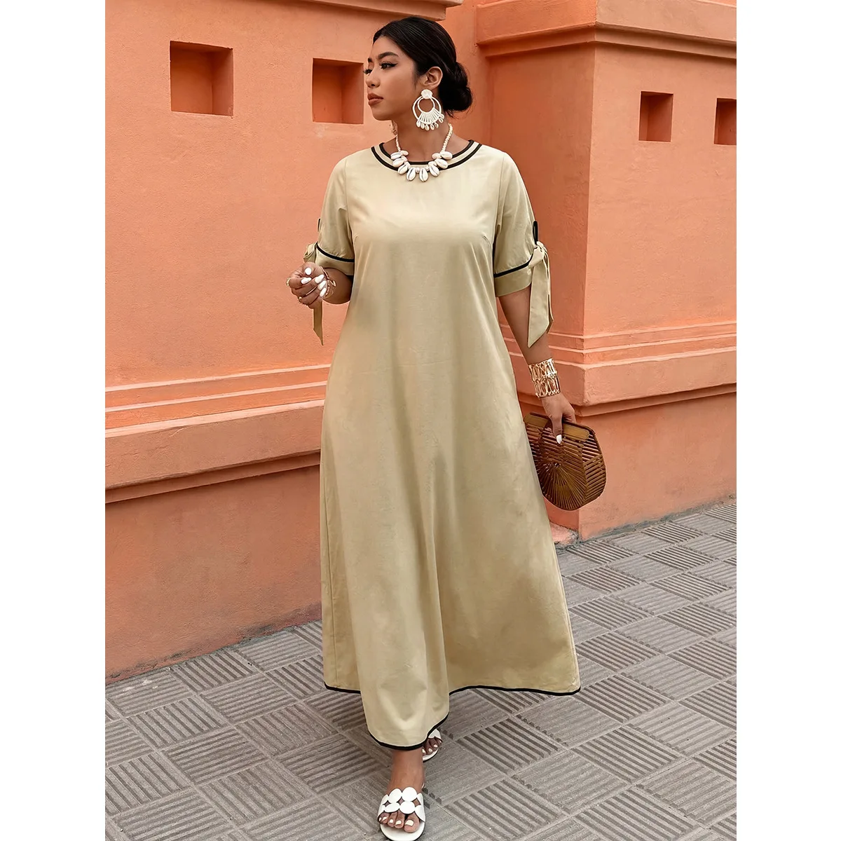 Plus-size Long Clothes With Tie-waist Detail, Contrasting Trim, Loose Fit, And Slimming Effect, Perfect. For A Vacation.   Plus-