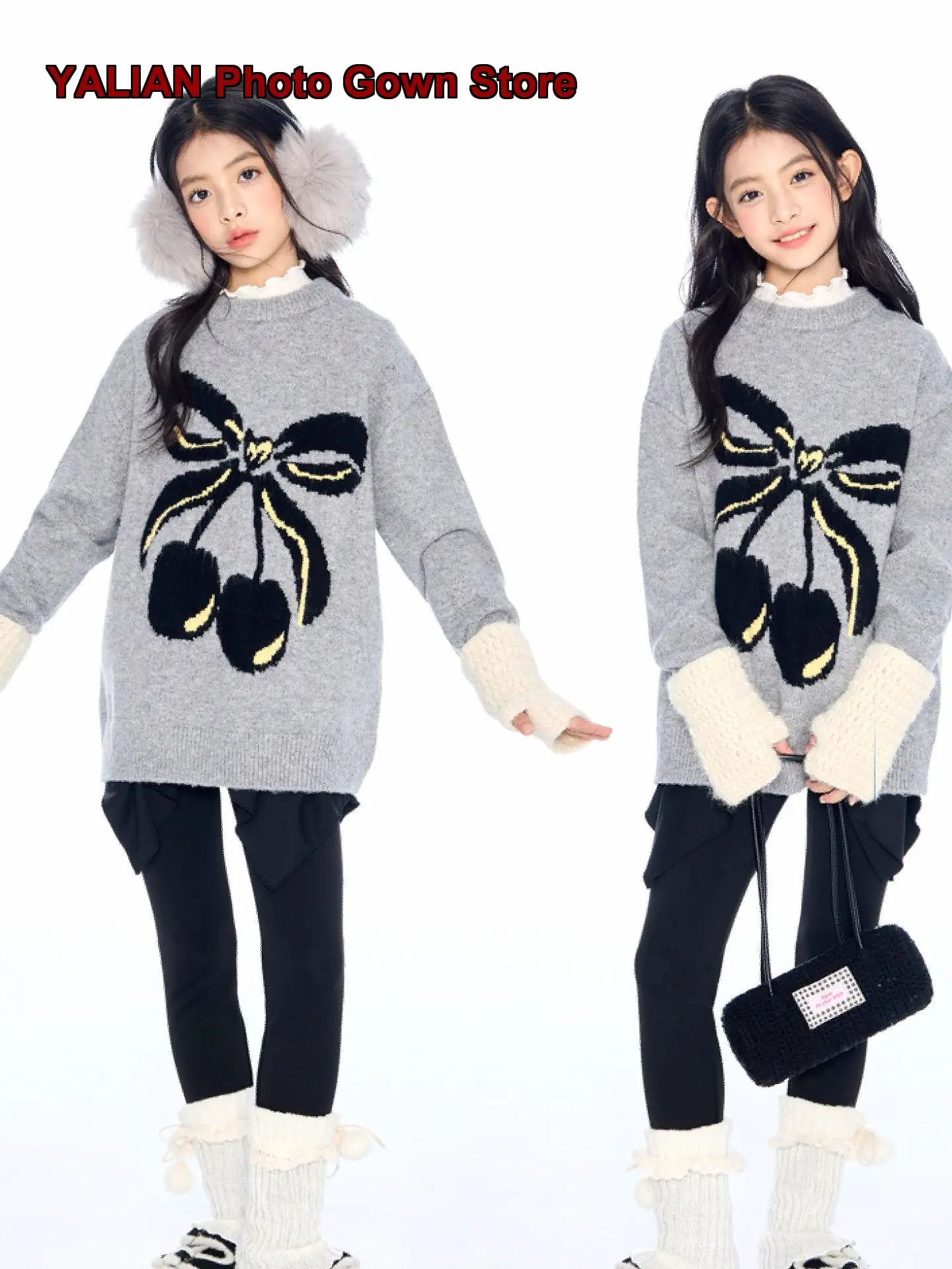 Girls Pullover Sweater Kids Autumn Winter Cherry Pattern Knit Top Design Sense Warm
