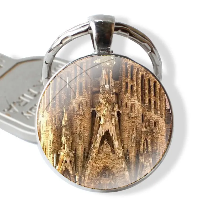 Roman Catholic Cathedral Landscape Spain Scenic Spots Keychain Handmade Glass Cabochon Key Ring Holder Pendant Key Chains