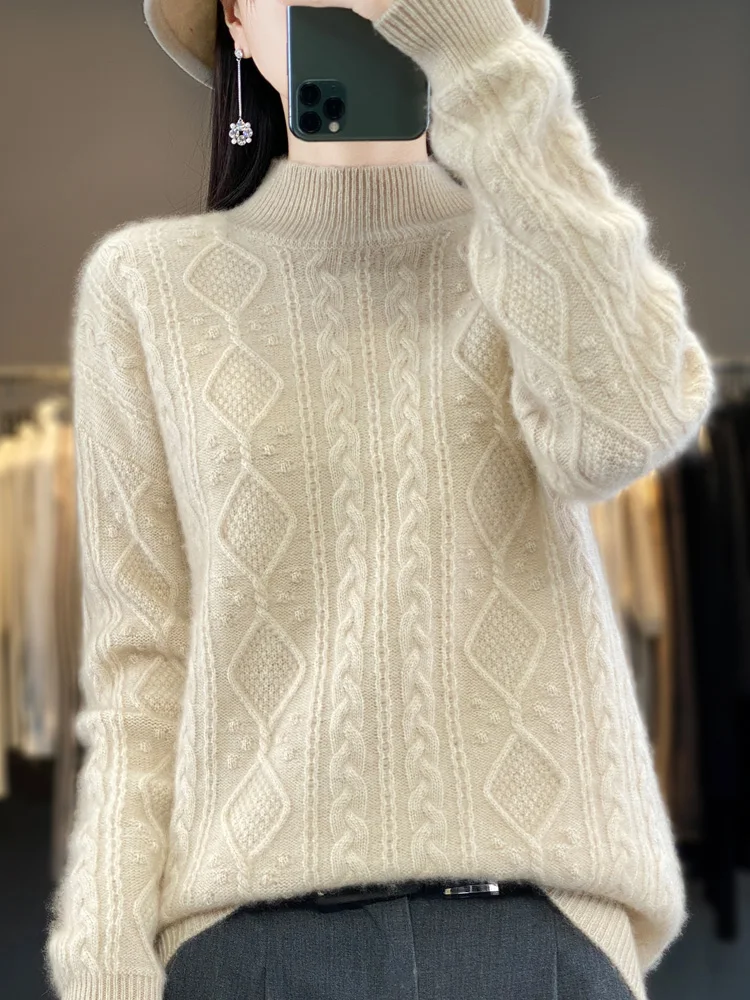 

Oversize Women's Sweater 100% Australia Wool Long Sleeve Pullover O-Neck Collar Knitted Jacquard Warm Outerwear Jumper Cashmeres