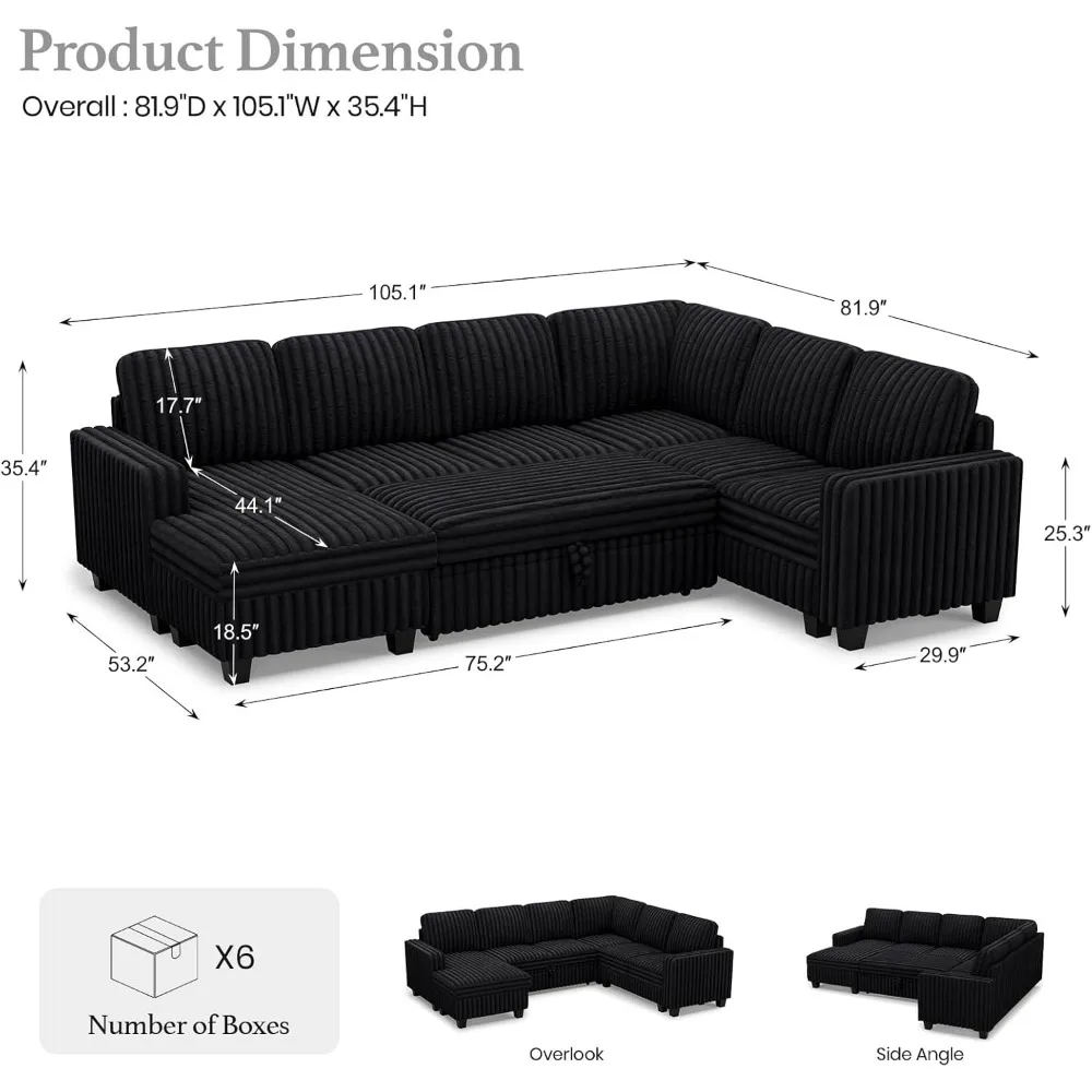 Corduroy Sleeper Sofa Bed with Storage Chaise Modular Sectional Sofa Couch with Pull Out Bed L Shaped Sectional Couches for Liv