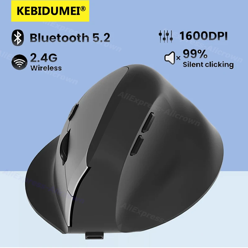 KEBIDUMEI Vertikale Maus, Dual-Modus, Bluetooth 5.2, 2,4 G, kabellose Maus, leise Maus, 6 Tasten, ergonomische Mäuse für Laptop-PC