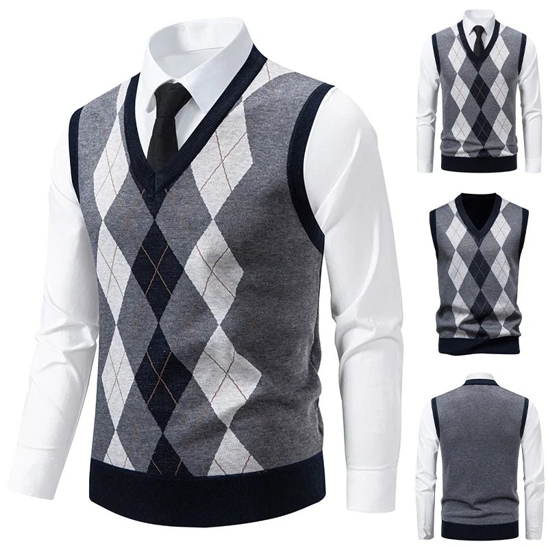 

Новый мужской вязаный свитер с v-образным вырезом, теплый осенне-зимний свитер с ромбовидной сеткой, витой цветок, повседневный модный универсальный вязаный топ