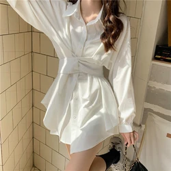 Korean White Shirt Dress Women Chic Elegant Tunic New Midi Blouse Irregular Turn Down Collar High Waist Female Long Sleeve Tops