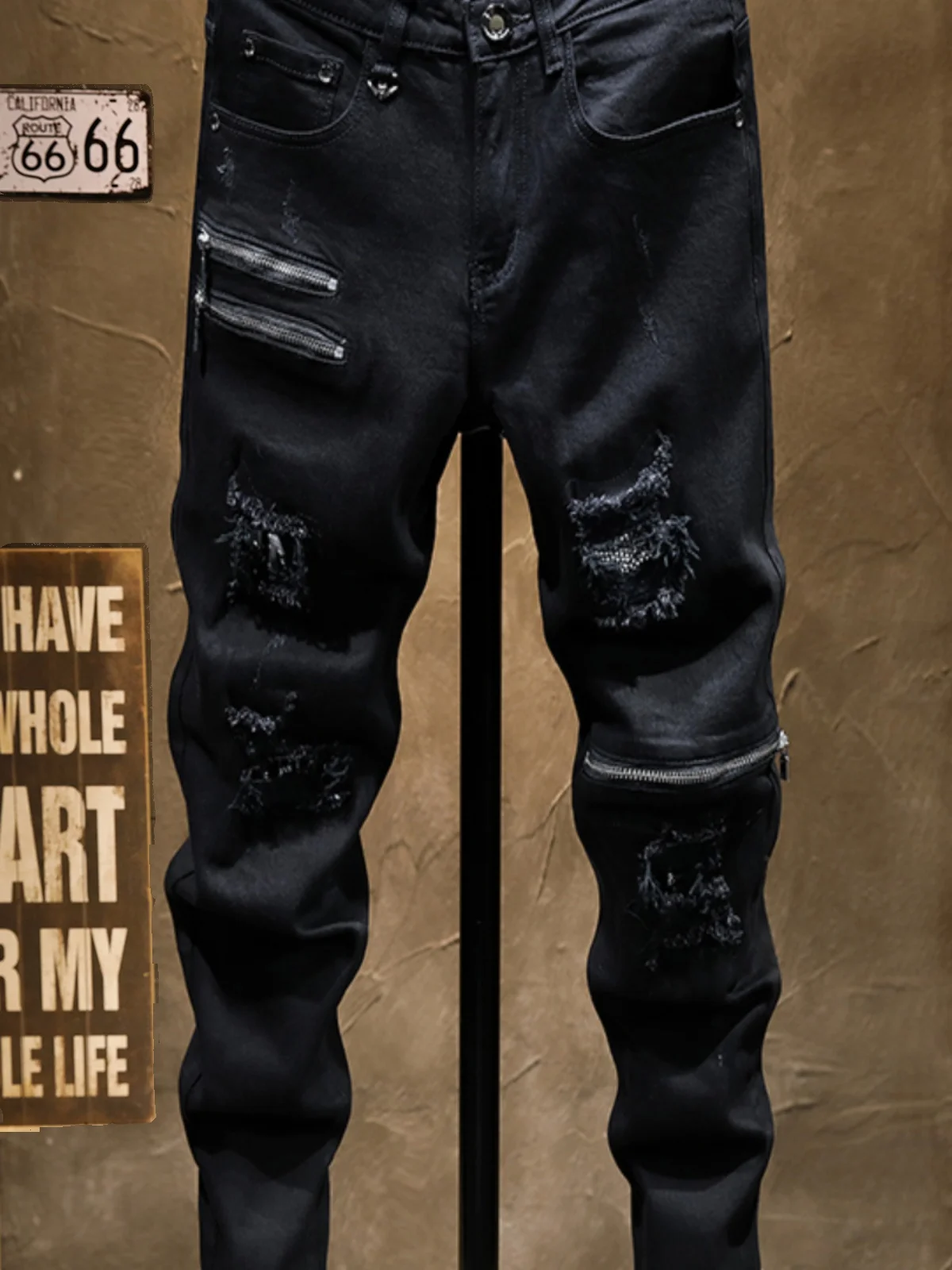 

Мужские модные рваные джинсы Bla Hole, облегающие, повседневные, мотоциклетные, длинные брюки с молниями на коленях, износостойкие, из хлопкового стрейч-денима