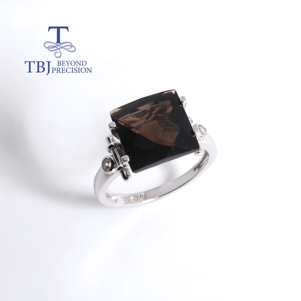 Luxury Checkered cut natural smoky quartz gemstone 925 silver ring Simple fashion women anniversary & banquets wear