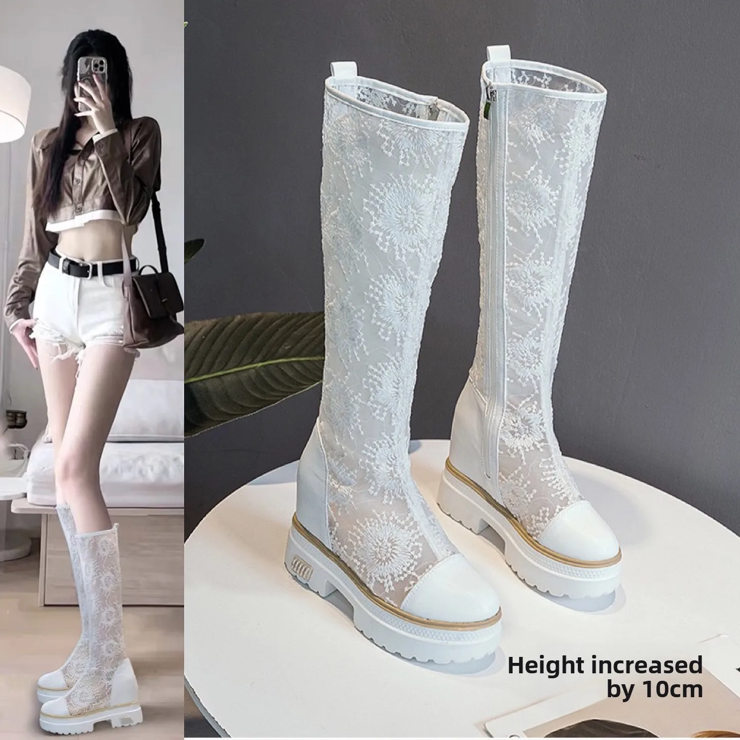 

White Lace High-Tube Summer Thin Me Long Boots Breathable Hollow out Faion Boots for Women Side Zipper round Toe Boots
