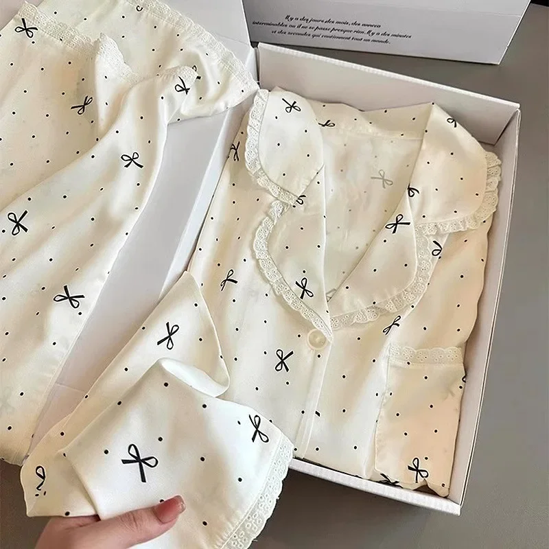 French-Inspired Chic, High-Fashion Aesthetic Instagram-Worthy Bow-Adorned Ice-Silk Lace-Trimmed Long-Sleeved Trouser Pyjamas