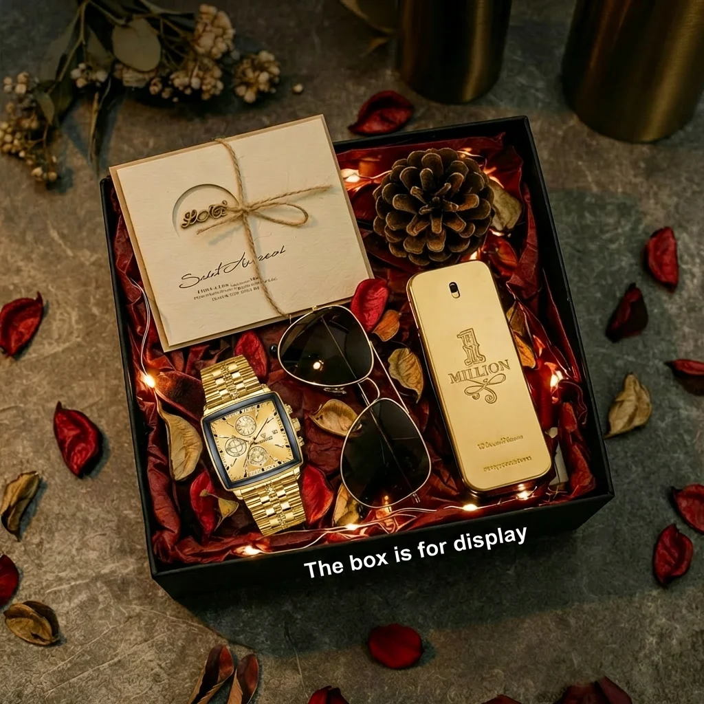 4pcs Men's Gold Metal Elegant Modern Chronograph & Date Sunglasses Perfume Quartz Watch Gift Box Set, Birthday, Daily Wear