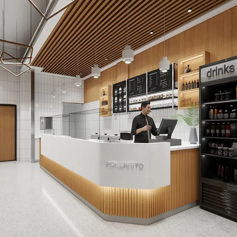 Caffetteria per interni, dimensioni, colori, materiali e vari stili personalizzabili, adatta per caffetterie e torte