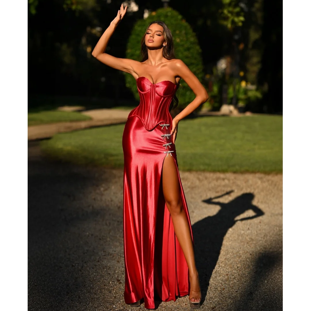 

Шелковый атласный корсет Вечерние платья с разрезом по бокам и бантом Украшения Макси-платье трапециевидной формы Свадебное платье по индивидуальному заказу Vestidos