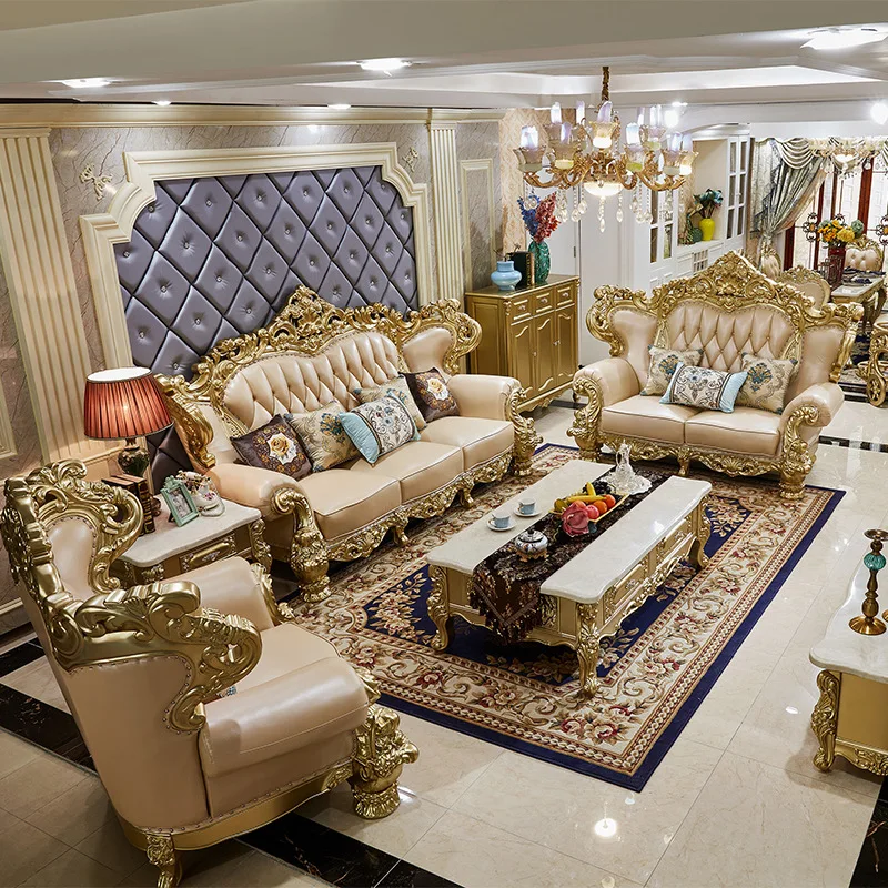 European Leather Sofa Combination Villa Living Room Large Apartment Aristocratic Gold Solid Wood Carving Flower Furniture Whole