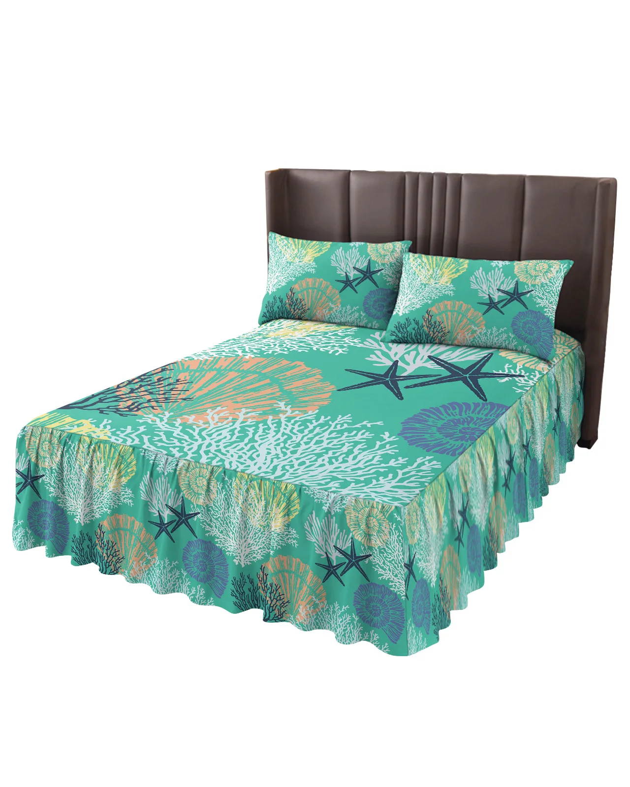 Aqua Green Marine Coral Shell Starfish Bed Skirt Elastic Fitted Bedspread With Pillowcases Mattress Cover Bedding Set Bed Sheet