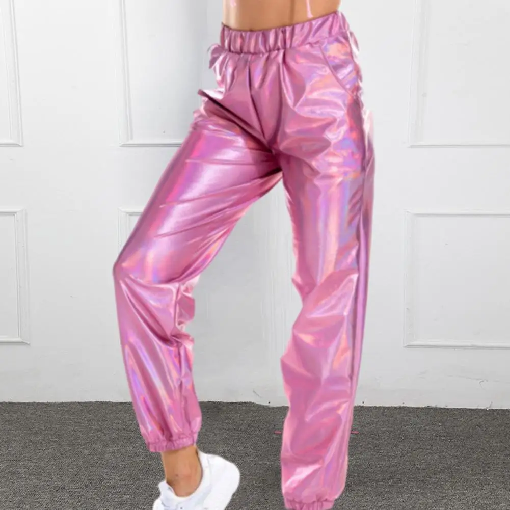 Shiny Laser Pants Women Pants High Waist Glossy Elastic Waist Ankle-banded Slim Fit Clubwear Stage Performance Harem Trousers