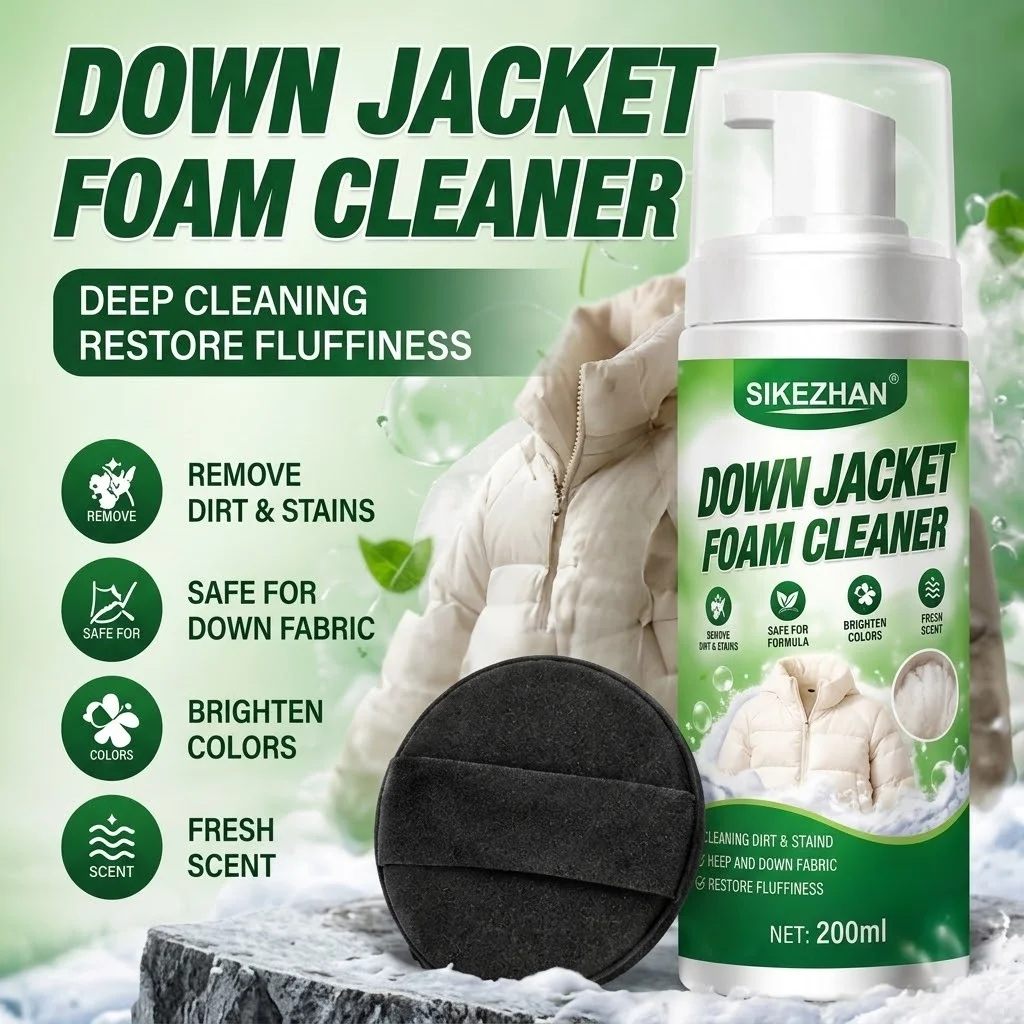 200ml Down Jacket Foam Cleaner Kit with Sponge Waterless Dry Cleaning Agent Instant Stain Remover for Puffer Coat Winter Clothes